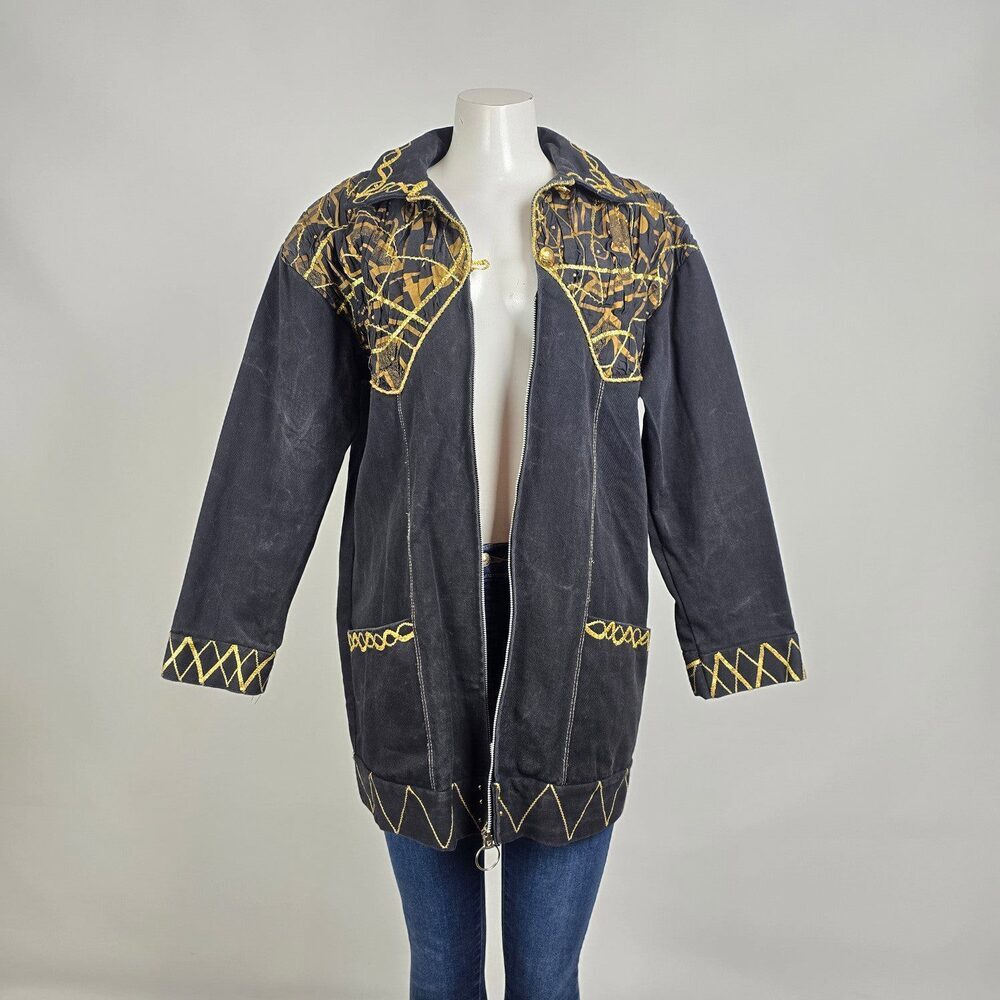 Vintage Statement Black Denim Coat Gold Embroidered Jacket Size L Artistic Boho